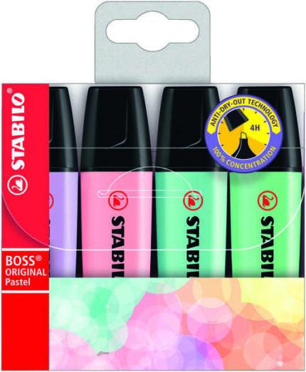Stabilo Boss 70 Pastel Confezione da 4 pennarelli fluorescenti - Tratto tra 2 e 5 mm - Ricaricabile - Inchiostro a base d'acqua - Colori pastello assortiti