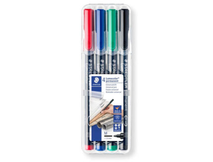 Staedtler Lumocolor 317 Confezione da 4 pennarelli indelebili - Punta media arrotondata - Tratto di circa 1 mm - Cappuccio con clip - Asciugatura rapida - Colori assortiti
