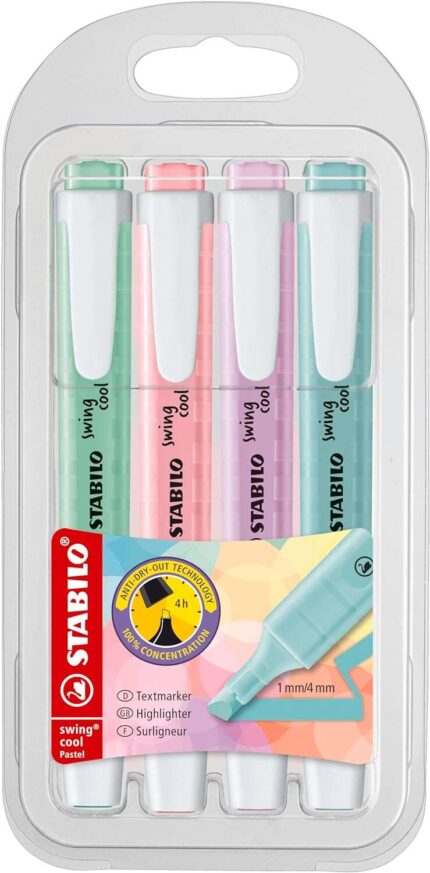 Stabilo Swing Cool Pastel Confezione da 4 pennarelli fluorescenti - Corpo piatto - Punta smussata - Tratto tra 1 e 4 mm - Inchiostro a base d'acqua - Colori assortiti
