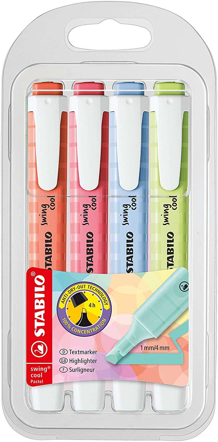 Stabilo Swing Cool Pastel Confezione da 4 pennarelli fluorescenti - Corpo piatto - Punta smussata - Tratto tra 1 e 4 mm - Inchiostro a base d'acqua - Colori assortiti