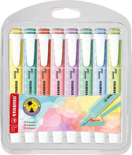 Stabilo Swing Cool Pastel Confezione da 8 pennarelli fluorescenti - Corpo piatto - Punta smussata - Tratto tra 1 e 4 mm - Inchiostro a base d'acqua - Colori assortiti
