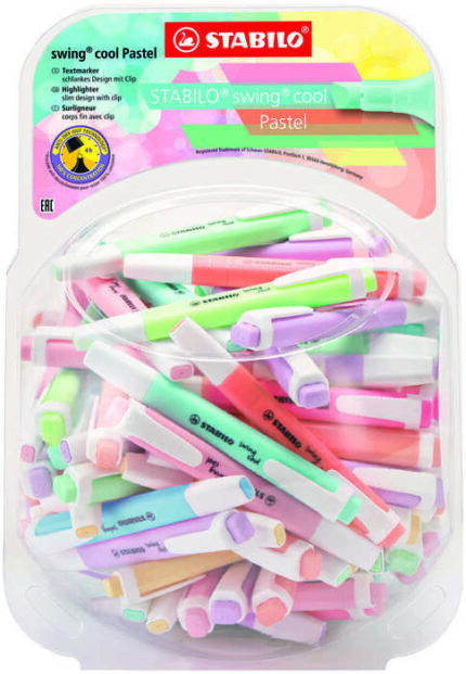 Stabilo Swing Cool Pastel Espositore da 100 pennarelli fluorescenti - Corpo piatto - Punta smussata - Tratto da 1 a 4 mm - Inchiostro a base d'acqua - Colori assortiti