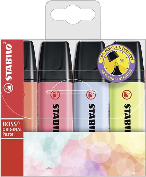 Stabilo Boss 70 Pastel Confezione da 4 pennarelli fluorescenti - Tratto da 2 a 5 mm - Ricaricabile - Inchiostro a base d'acqua - Colori assortiti