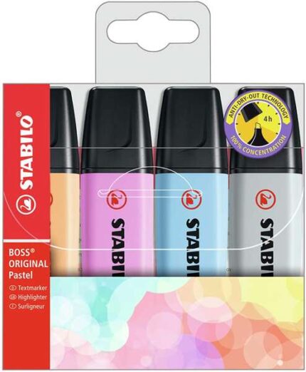 Stabilo Boss 70 Pastel Confezione da 4 pennarelli fluorescenti - Tratto da 2 a 5 mm - Ricaricabile - Inchiostro a base d'acqua - Colori assortiti