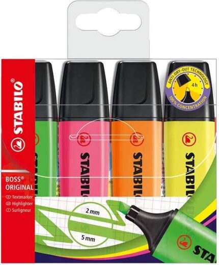 Stabilo Boss 70 Confezione da 4 pennarelli fluorescenti - Tratto da 2 a 5 mm - Ricaricabile - Inchiostro a base d'acqua - Colori assortiti