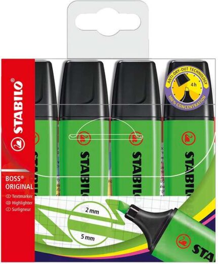 Stabilo Boss 70 Confezione da 4 pennarelli fluorescenti - Tratto da 2 a 5 mm - Ricaricabile - Inchiostro a base d'acqua - Colore verde