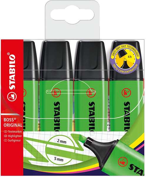 Stabilo Boss 70 Confezione da 4 pennarelli fluorescenti - Tratto da 2 a 5 mm - Ricaricabile - Inchiostro a base d'acqua - Colore verde