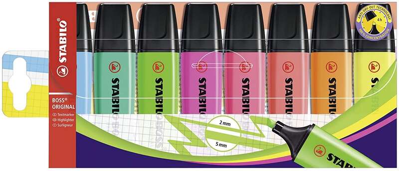 Stabilo Boss 70 Confezione da 8 pennarelli fluorescenti - Tratto tra 2 e 5 mm - Ricaricabile - Inchiostro a base d'acqua - Colori assortiti