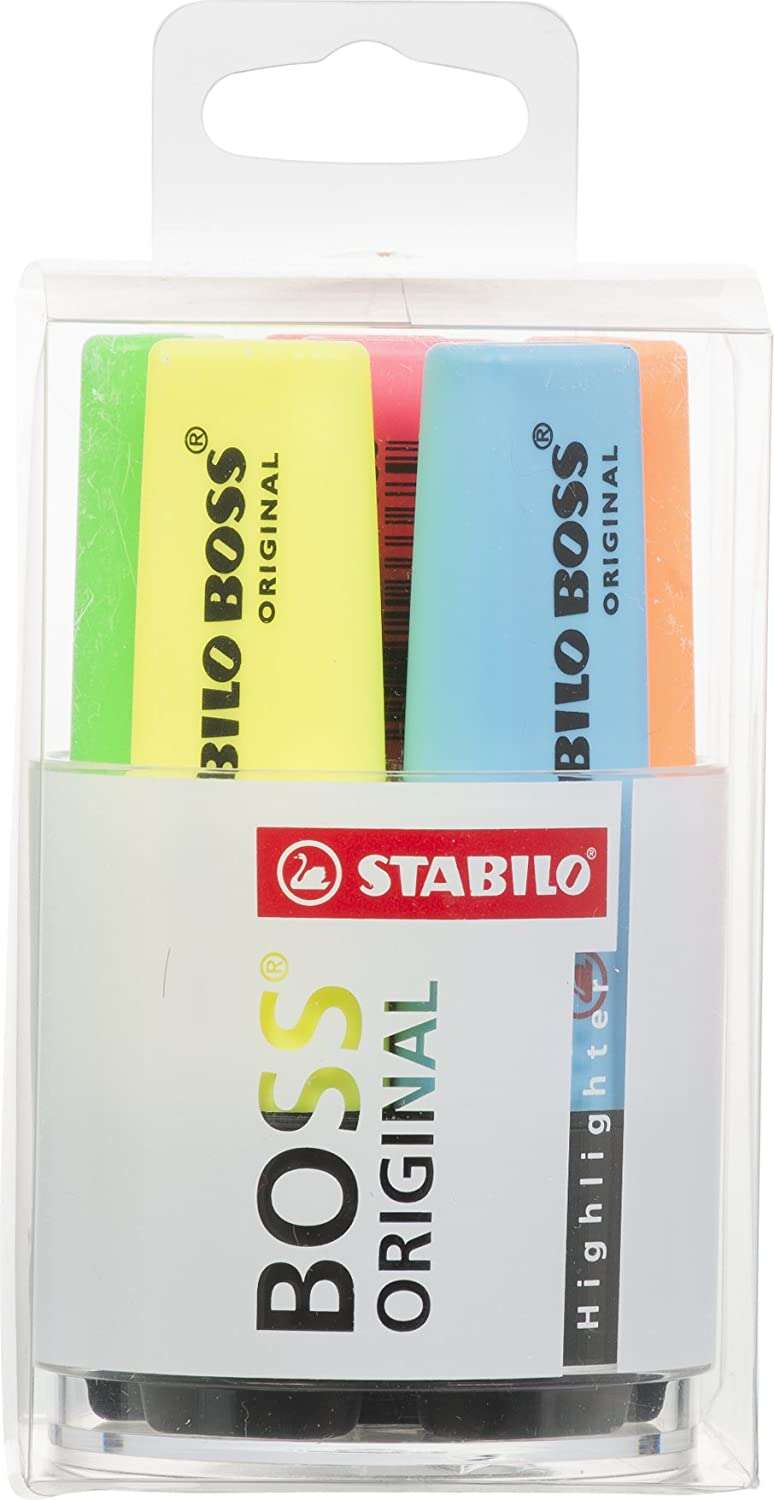 Stabilo Boss 70 Confezione da 6 pennarelli fluorescenti - Pratico portapennarelli da scrivania - Tratto da 2 a 5 mm - Ricaricabile - Inchiostro a base d'acqua - Colori assortiti