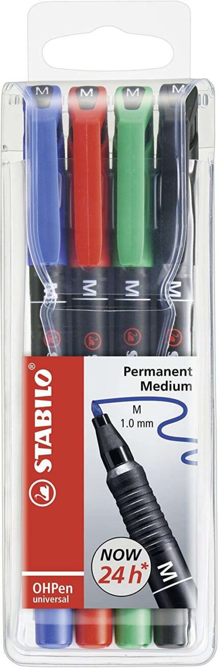 Stabilo OHPen Confezione da 4 pennarelli indelebili - Punta media - Tratto da 1 mm - Impugnatura antiscivolo - Tappo ventilato - Colori assortiti