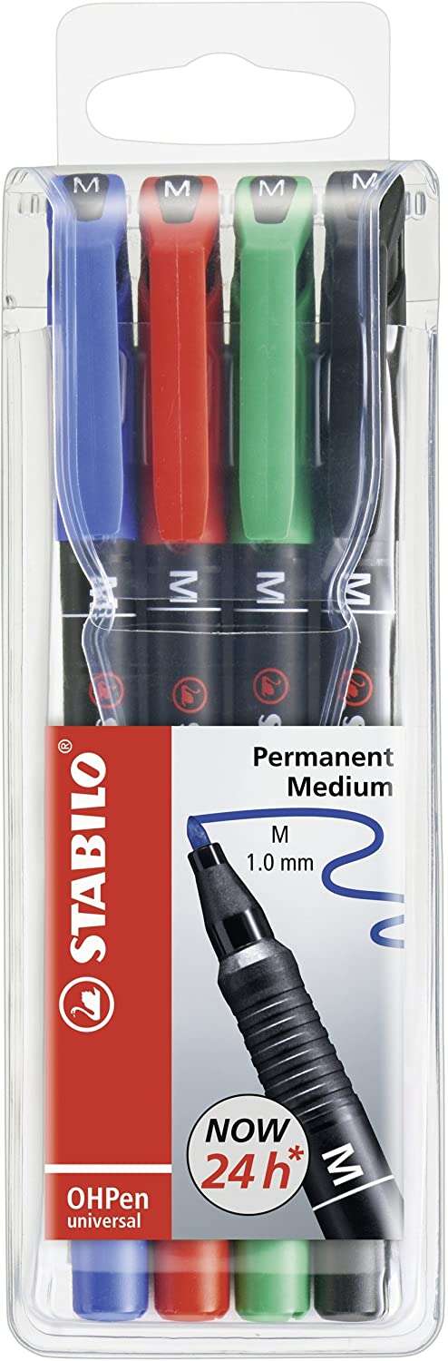 Stabilo OHPen Confezione da 4 pennarelli indelebili - Punta media - Tratto da 1 mm - Impugnatura antiscivolo - Tappo ventilato - Colori assortiti Stabilo OHPen Confezione da 4 pennarelli indelebili - Punta media - Tratto da 1 mm - Impugnatura antiscivolo - Tappo ventilato - Colori assortiti