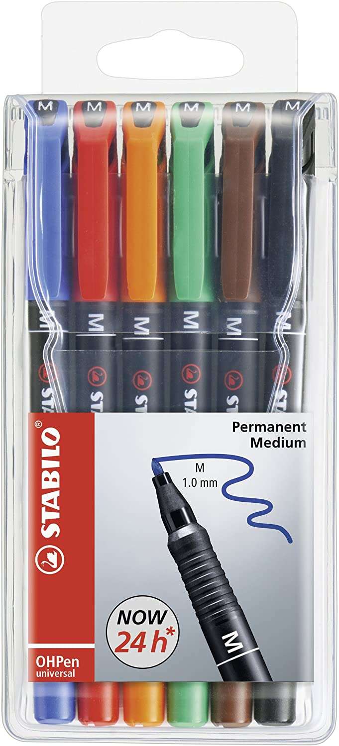 Stabilo OHPen Confezione da 6 pennarelli indelebili - Punta media - Tratto da 1 mm - Impugnatura antiscivolo - Tappo ventilato - Colori assortiti