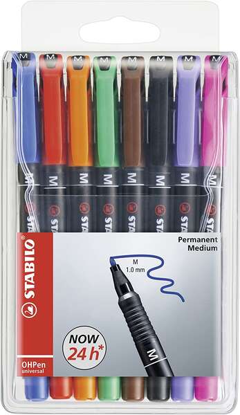 Stabilo OHPen Confezione da 8 pennarelli indelebili - Punta media - Tratto da 1 mm - Impugnatura antiscivolo - Cappuccio ventilato - Colori assortiti