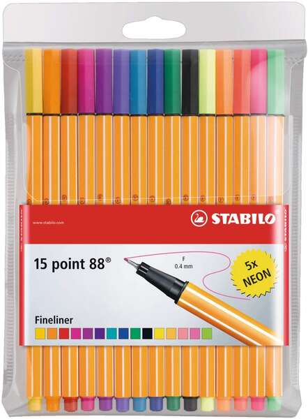 Stabilo Point 88 Confezione da 15 pennarelli a punta fine in fibra - Tratto da 0