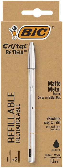 Bic Cristal Re´new Confezione di penna a sfera ricaricabile + 2 ricambi - Punta rotonda da 1