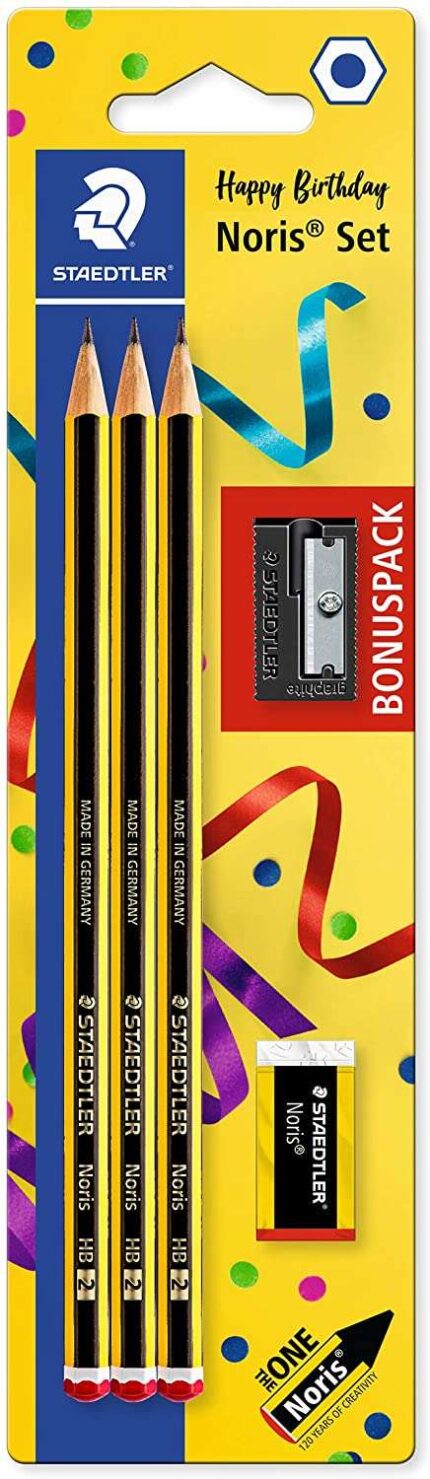 Staedtler Noris 120 Confezione da 3 matite esagonali in grafite + gomma + temperino - Mina HB ultra resistente da 2 mm - Legno proveniente da foreste sostenibili
