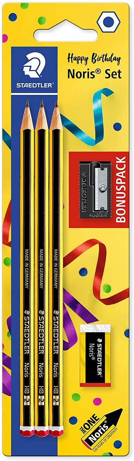 Staedtler Noris 120 Confezione da 3 matite esagonali in grafite + gomma + temperino - Mina HB ultra resistente da 2 mm - Legno proveniente da foreste sostenibili
