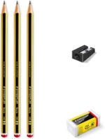 Staedtler Noris 120 Confezione da 3 matite esagonali in grafite + gomma + temperino - Mina HB ultra resistente da 2 mm - Legno proveniente da foreste sostenibili - immagine 2
