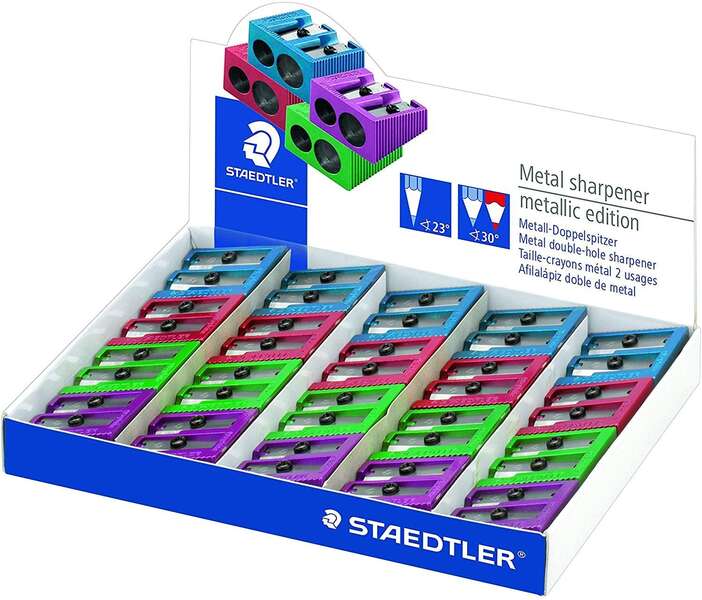 Staedtler Espositore da 20 temperamatite in metallo con lama in metallo e 2 fori - Angolo di affilatura di 23° e 30° - Colori assortiti