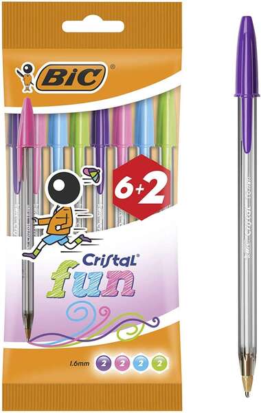 Bic Cristal Fun 6+2 Confezione da 8 penne a sfera - Punta rotonda da 1