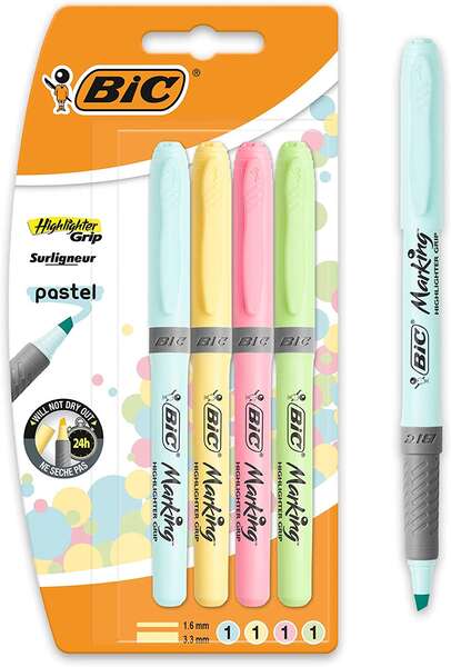 Bic Highlighter Grip Confezione da 4 evidenziatori fluorescenti pastello - Inchiostro a base d'acqua - Punta smussata - Tratto tra 1