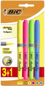 Bic Highlighter Grip Confezione da 4 evidenziatori fluorescenti - Inchiostro a base d'acqua - Punta smussata - Tratto tra 1