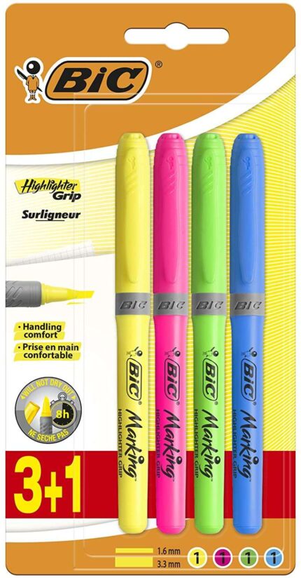 Bic Highlighter Grip Confezione da 4 evidenziatori fluorescenti - Inchiostro a base d'acqua - Punta smussata - Tratto tra 1