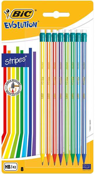 Bic Evolution Stripes Confezione da 8 matite di grafite esagonali con gomma - Mina HB ultra resistente - Realizzate in resina sintetica - Corpo in colori assortiti