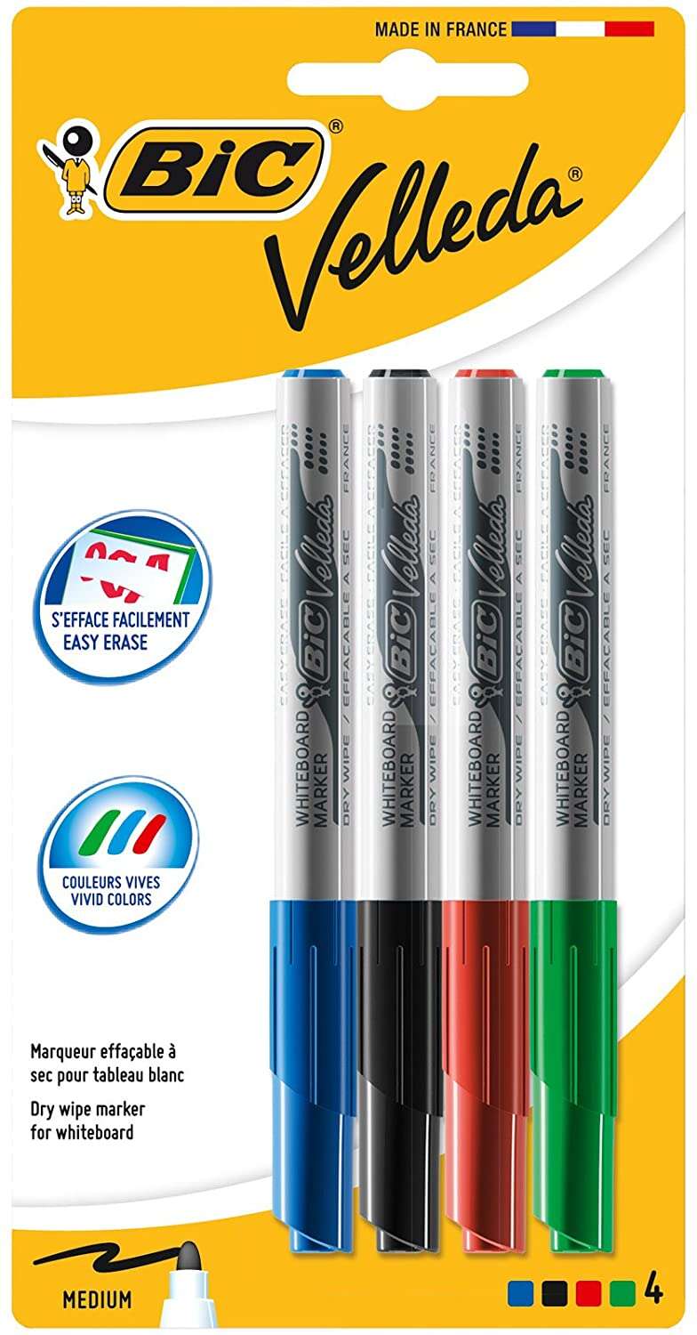 Bic Velleda 1741 Confezione da 4 pennarelli per lavagna - Punta media - Tratto da 1 Bic Velleda 1741 Confezione da 4 pennarelli per lavagna - Punta media - Tratto da 1