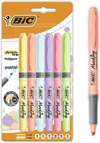 Bic Highlighter Grip Confezione da 6 evidenziatori fluorescenti pastello - Inchiostro a base d'acqua - Punta smussata - Tratto tra 1
