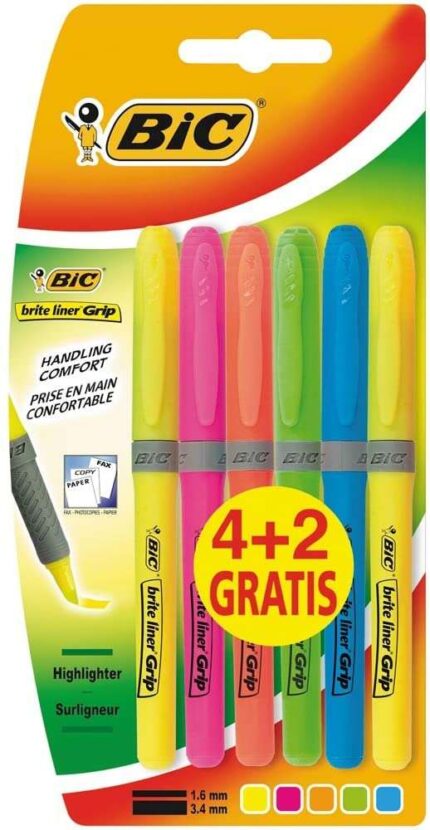 Bic Brit Liner Grip 4+2 Confezione da 6 pennarelli fluorescenti - Inchiostro a base d'acqua - Punta smussata - Spessore della linea tra 1