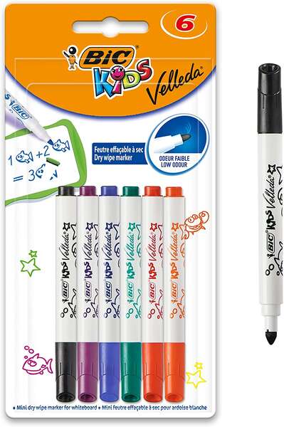 Bic Kids Mini Velleda Confezione da 6 pennarelli per lavagna - Punta bloccata - Inchiostro a base alcolica - Cancellazione ottimale - Colori assortiti