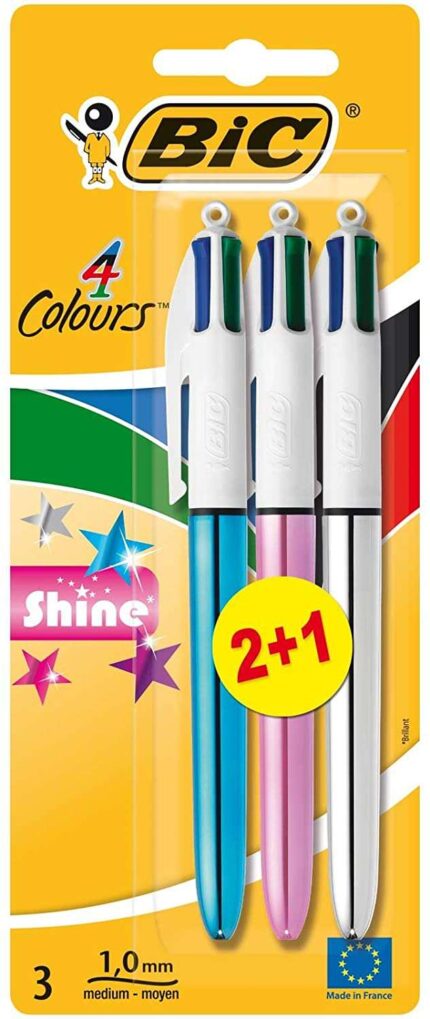 Bic 4 Colours Shine 2+1 Confezione da 3 penne a sfera retrattili - Punta media da 1
