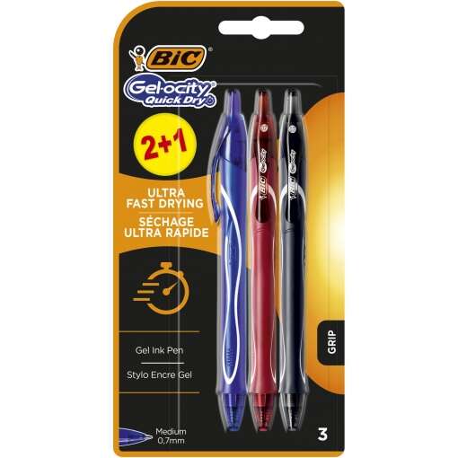 Bic Gel-Ocity Quick Dry 2+1 Confezione da 3 penne a sfera retrattili - Impugnatura in gomma - Punta media da 0