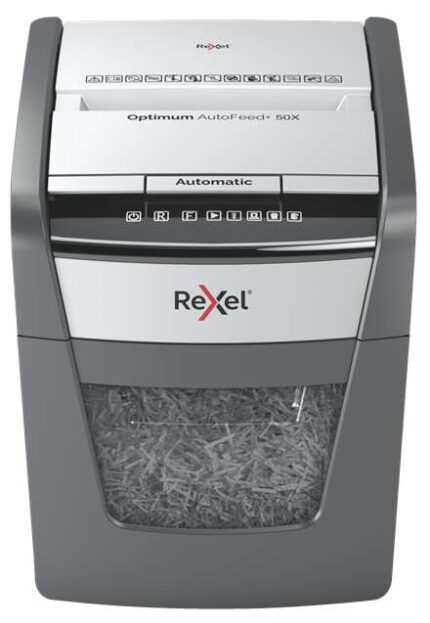 Rexel Optimum AutoFeed 50X Distruggidocumenti automatico con taglio a particelle P-4 - Alimentazione automatica 50 fogli e slot manuale 6 fogli - Anti-inceppamento - Capacità del cestino 20 L - Colore grigio/argento