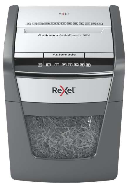 Rexel Optimum AutoFeed 50X Distruggidocumenti automatico con taglio a particelle P-4 - Alimentazione automatica 50 fogli e slot manuale 6 fogli - Anti-inceppamento - Capacità del cestino 20 L - Colore grigio/argento