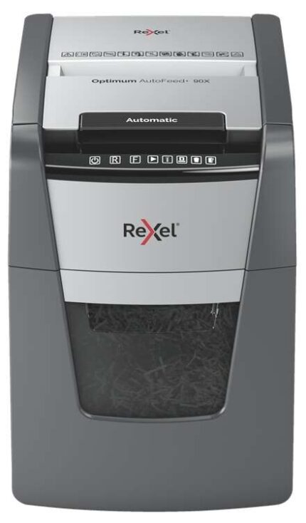 Rexel Optimum AutoFeed 90X Distruggidocumenti automatico con taglio a particelle P-4 - Alimentazione automatica 90 fogli