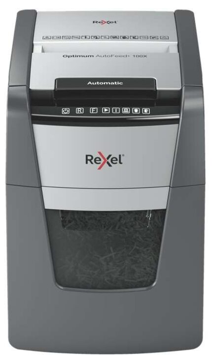 Rexel Optimum AutoFeed 100X Distruggidocumenti automatico a taglio a particelle P-4 - Alimentazione automatica 100 fogli e manuale 8 fogli - Capacità del cestino 34 L - Colore grigio/argento