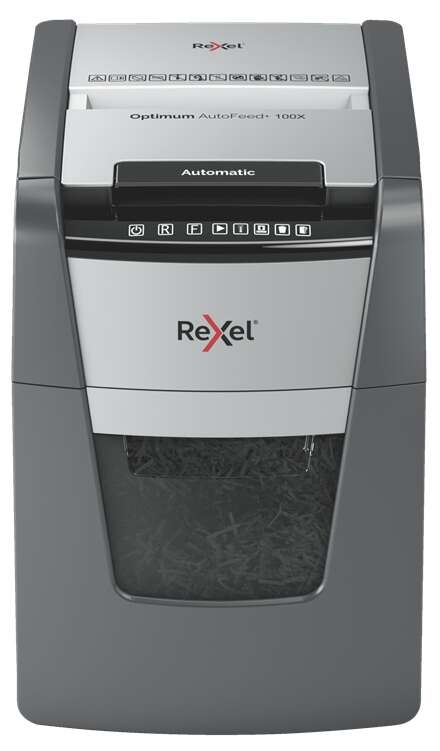Rexel Optimum AutoFeed 100X Distruggidocumenti automatico a taglio a particelle P-4 - Alimentazione automatica 100 fogli e manuale 8 fogli - Capacità del cestino 34 L - Colore grigio/argento