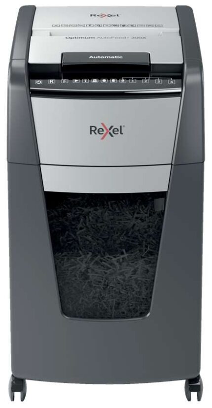 Rexel Optimum AutoFeed 300X Distruggidocumenti automatico con taglio a particelle P-4 - Alimentazione automatica 300 fogli e slot manuale 10 fogli - Funzionamento ininterrotto 60 min - Cestino da 34 L - Colore grigio/argento