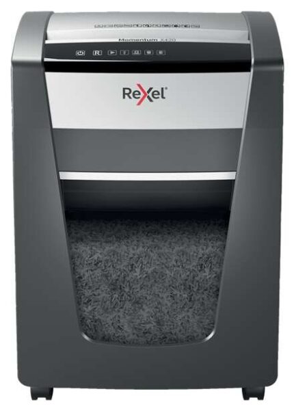 Rexel Momentum X420 Distruggidocumenti manuale a taglio confetti P-4 - Distrugge fino a 20 fogli - 4 ore di funzionamento ininterrotto - Cestino da 30 L - Colore grigio/argento