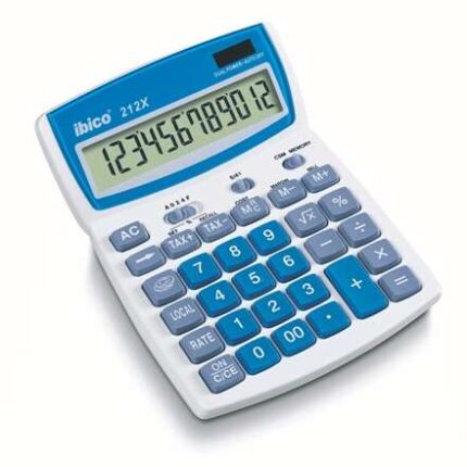 Ibico 212X Calcolatrice da tavolo con display LCD inclinabile a 12 cifre - Tasti in rilievo - Funzione imposte e arrotondamento - Colore bianco/blu/grigio