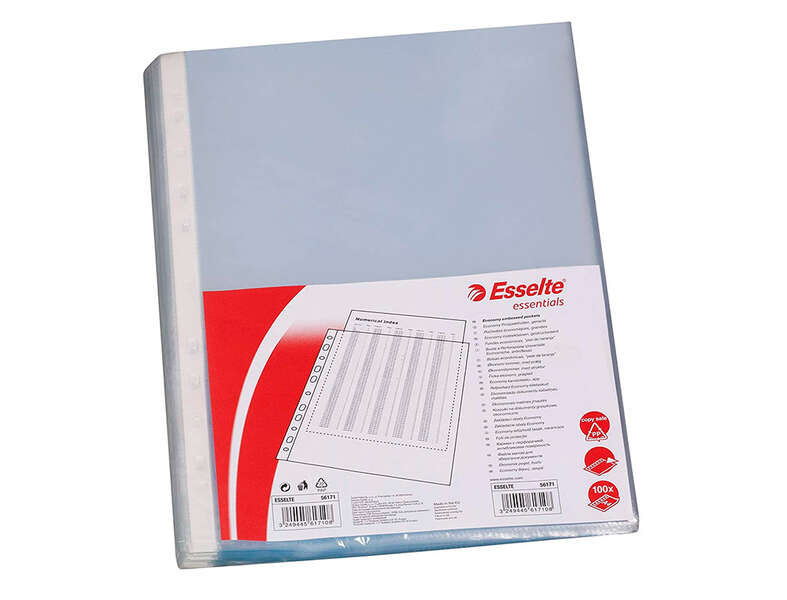 Esselte Confezione da 100 buste portadocumenti multiforo - Formato A4 - 16 fori - 80 micron - Pelle d'arancia - Colore trasparente