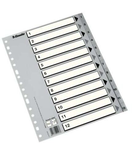 Esselte Indice numerico in plastica - Schede da 1 a 12 - Multiforo - Formato A4 - Colore grigio