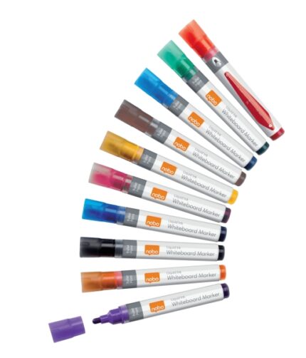 Nobo Confezione da 10 pennarelli per lavagna bianca - Punta tonda da 3 mm - Inchiostro liquido - Finestrina per vedere il livello dell'inchiostro - Colori assortiti