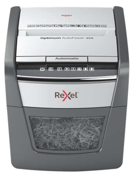 Rexel Optimum AutoFeed 45X Distruggidocumenti automatico a taglio in particelle - 20L - Alimentazione automatica 45 fogli - Fessura manuale 6 fogli - Anti-inceppamento