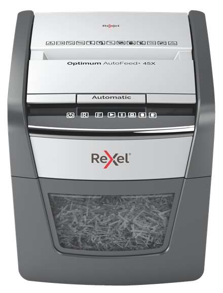 Rexel Optimum AutoFeed 45X Distruggidocumenti automatico a taglio in particelle - 20L - Alimentazione automatica 45 fogli - Fessura manuale 6 fogli - Anti-inceppamento Rexel Optimum AutoFeed 45X Distruggidocumenti automatico a taglio in particelle - 20L - Alimentazione automatica 45 fogli - Fessura manuale 6 fogli - Anti-inceppamento
