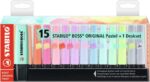 Stabilo Boss 70 Confezione da scrivania da 15 pennarelli fluorescenti - Pratica base da scrivania - Tratto tra 2 e 5 mm - Ricaricabile - Inchiostro a base d'acqua - Colori pastello assortiti