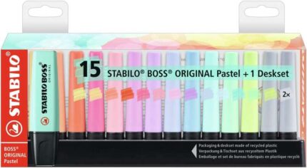 Stabilo Boss 70 Confezione da scrivania da 15 pennarelli fluorescenti - Pratica base da scrivania - Tratto tra 2 e 5 mm - Ricaricabile - Inchiostro a base d'acqua - Colori pastello assortiti