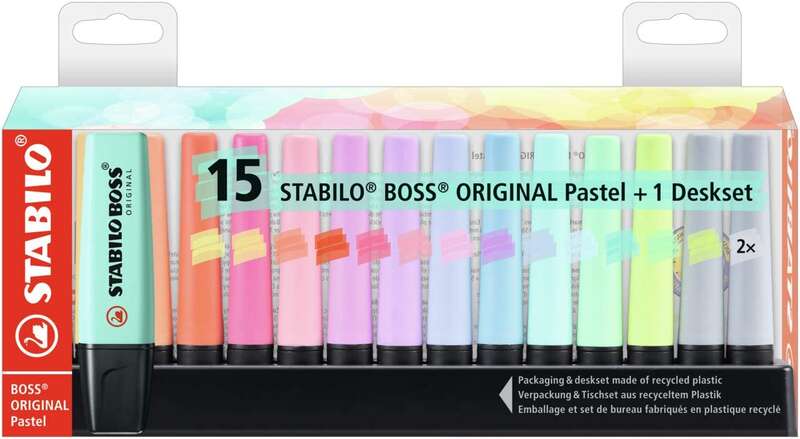 Stabilo Boss 70 Confezione da scrivania da 15 pennarelli fluorescenti - Pratica base da scrivania - Tratto tra 2 e 5 mm - Ricaricabile - Inchiostro a base d'acqua - Colori pastello assortiti